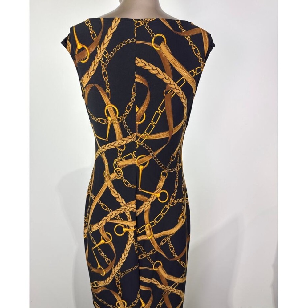 Ralph Lauren Black and Gold horse bit Chain Pattern Midi Dress equestrian size 4 - Picture 2 of 6